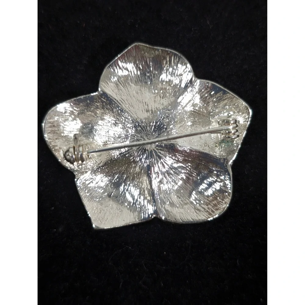 Blue Green Enamel‎ Flower Brooch Rhinestone Silver Tone Swirl Pin